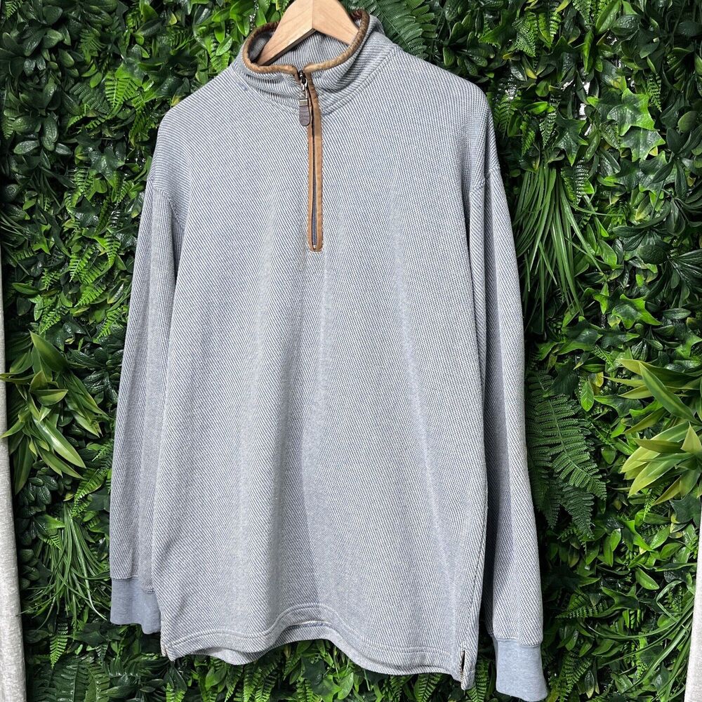 ORVIS Men‎ Tweed Pull Over Medium Blue Sweater 1/4 Zip Leather Trim 2331 - Picture 3 of 11